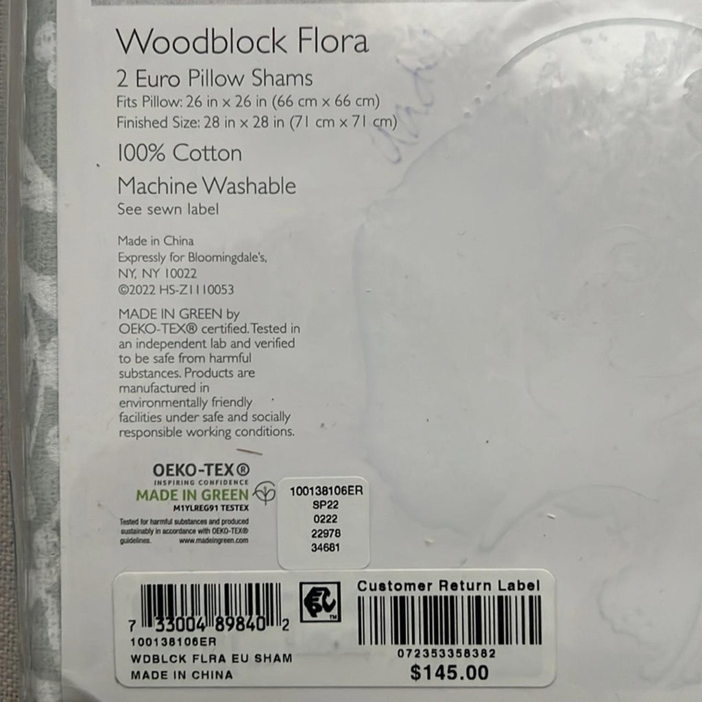2 Sky Woodblock Flora Euro Shams in Grey/White, New w/Tag $145