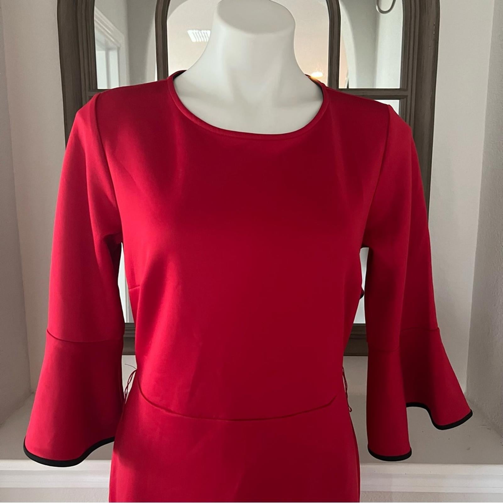 NY & Co Stretch Red Bell-Sleeve Dress w/Black Trim, Size M