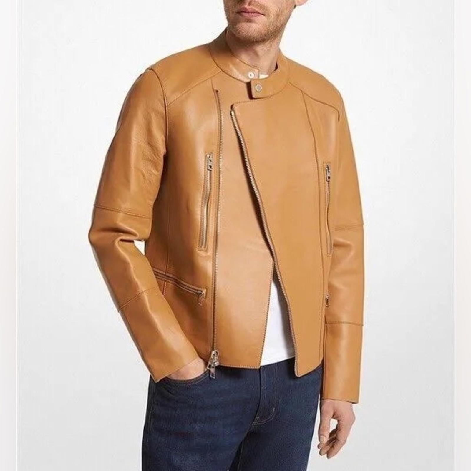 Michael Kors Men’s Nappa Leather Moto Jacket in Tan, NWT Size L $898