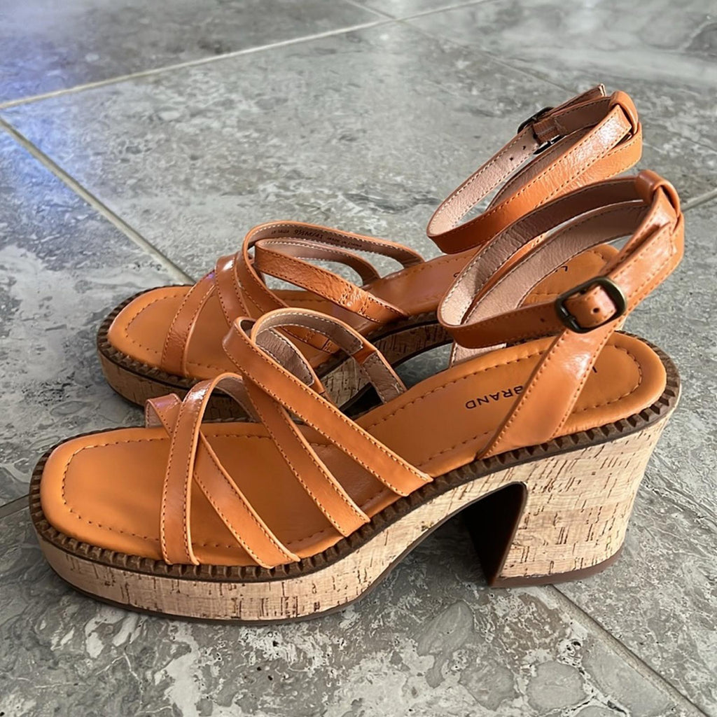 Lucky Brand Taiza Ankle Strap Platform Sandals in Sunflower Tan, Size 9.5 NEW
