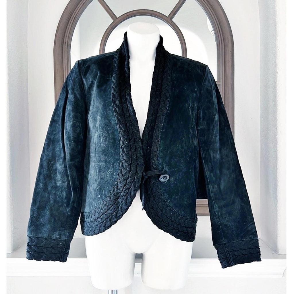Coldwater Creek Black Suede Leather Jacket Cable Knit, Size M EXCELLENT!
