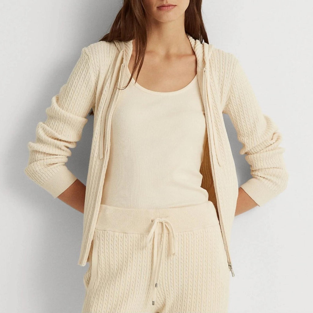 Lauren Ralph Lauren Cable Knit Full Zip Hoodie, Winter Cream Size XL New w/Tag