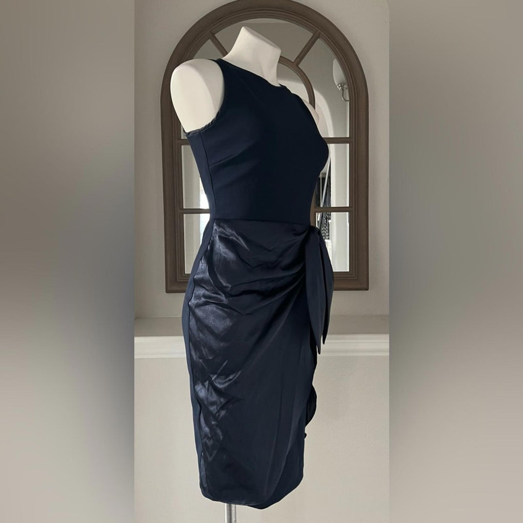Betsy & Adam Satin Sarong Crepe Dress in Navy, Size 2 New w/Tag Retail $199