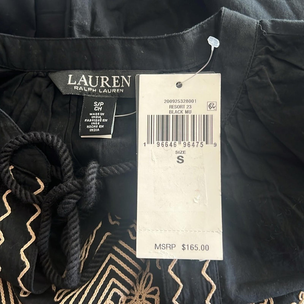 Lauren Ralph Lauren V-Neck Bishop Sleeves Pullover Top in Black Size S NWT