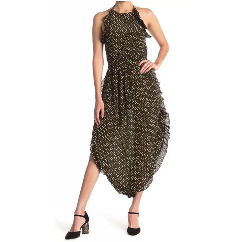 See by Chloé Dot-Print Halter Ruffle Dress, Black/Yellow Size FR40/M/8 New w/Tag
