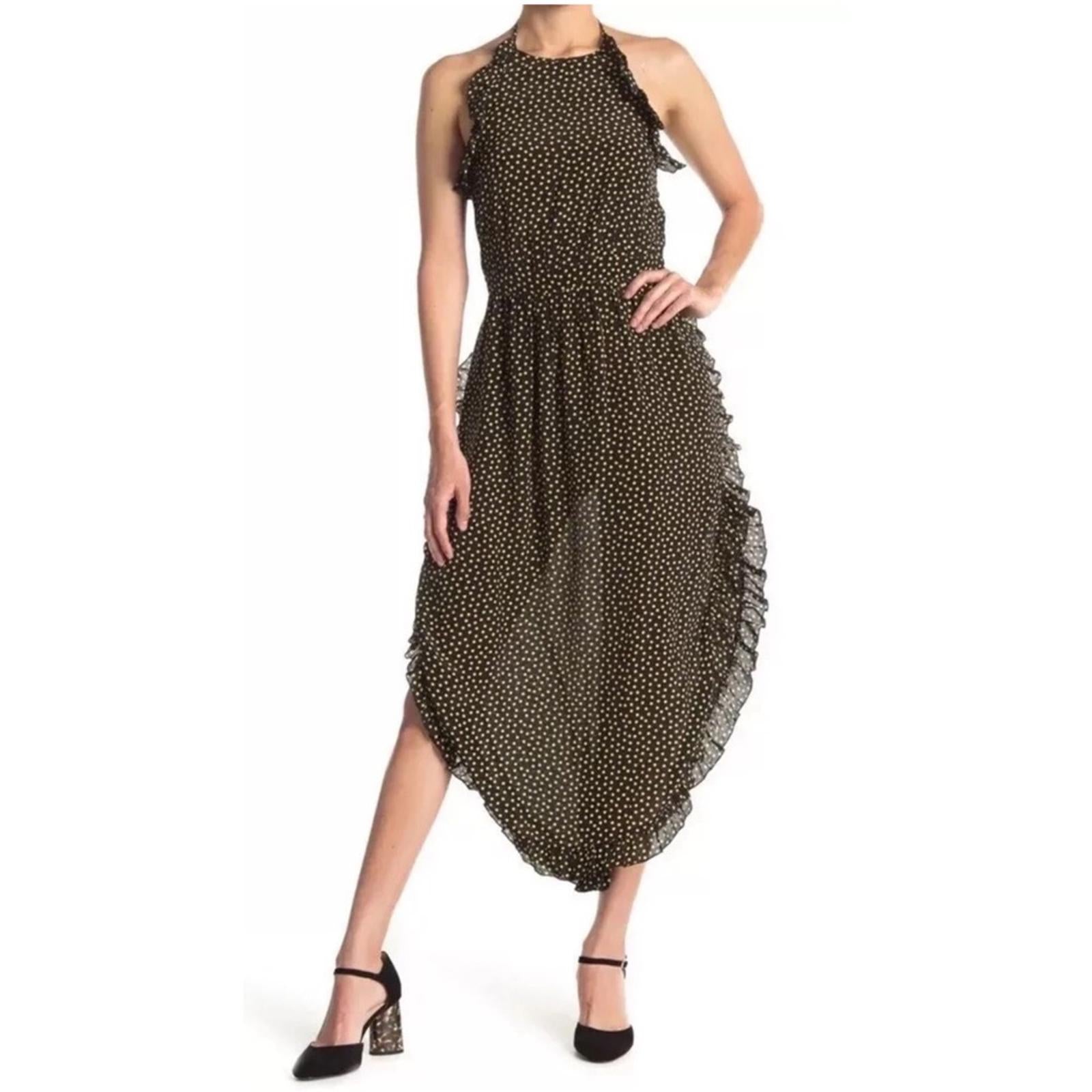 See by Chloé Dot-Print Halter Ruffle Dress, Black/Yellow Size FR40/M/8 New w/Tag