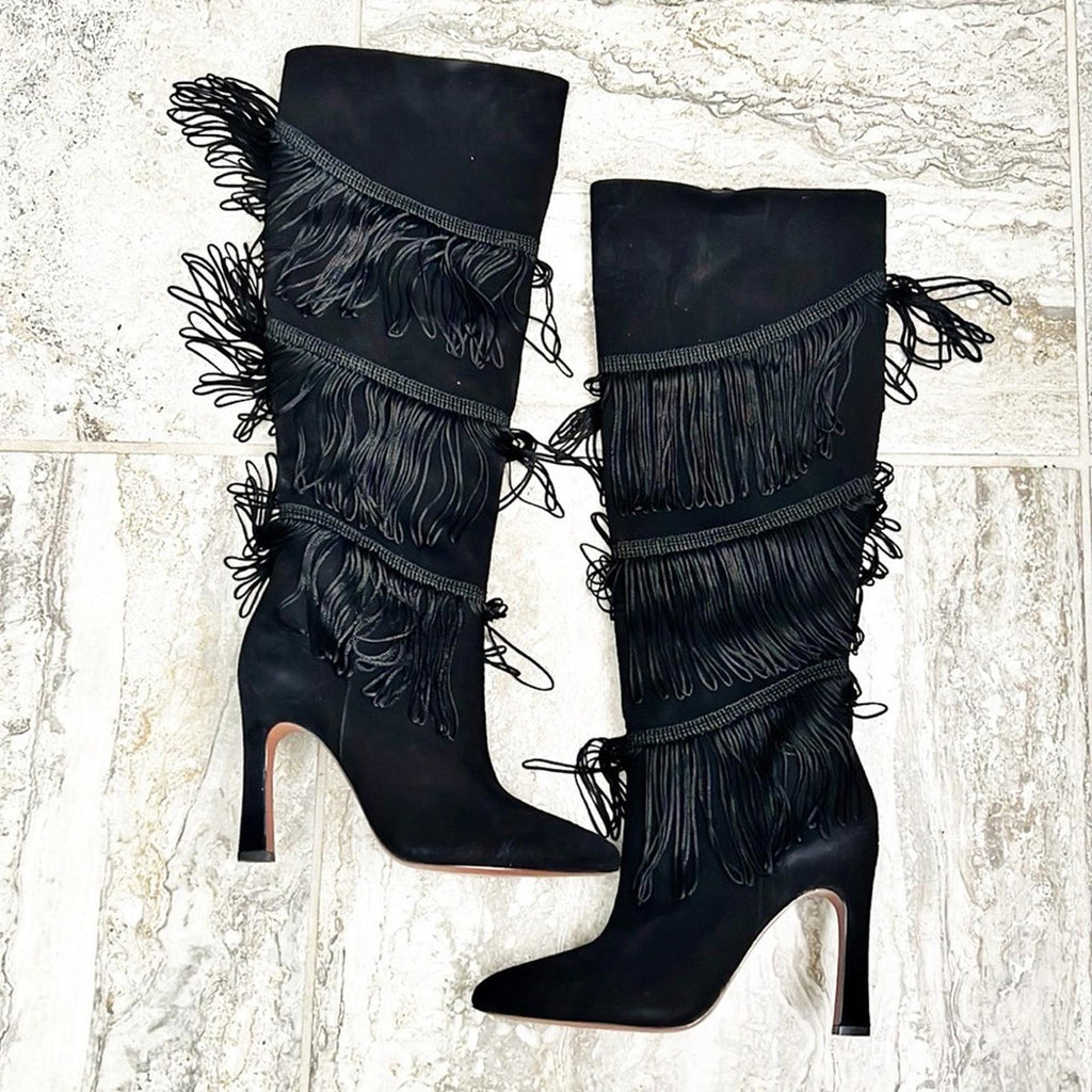 BCBGMaxazria Suede Fringe Heeled Boots, Black Size 7.5 New w/o Box Retail $499