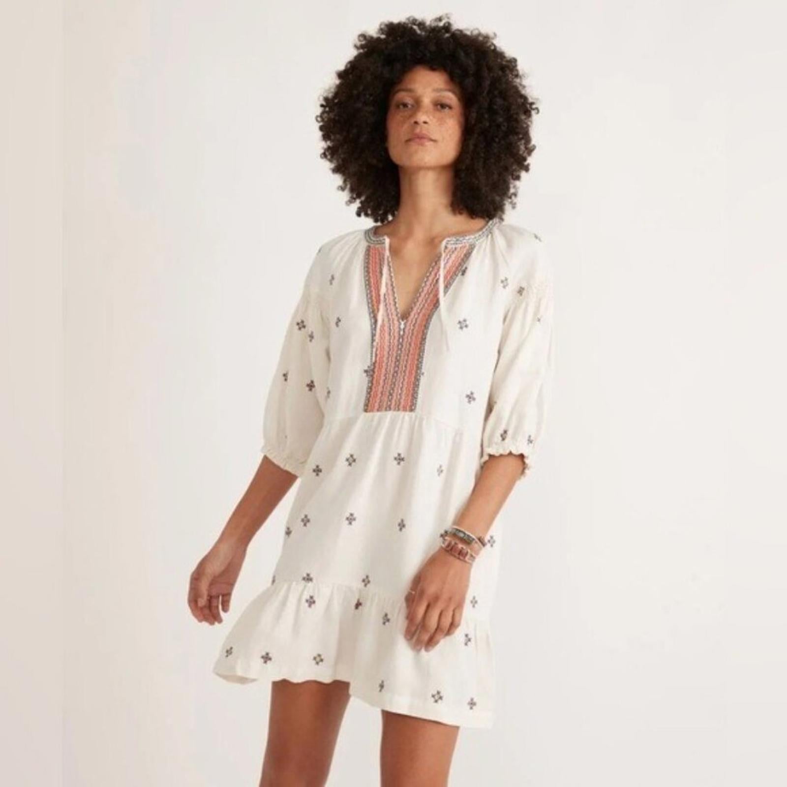 Marine Layer Tiered Boho Embroidered Dress, Linen Blend Size L New w/Tag $158