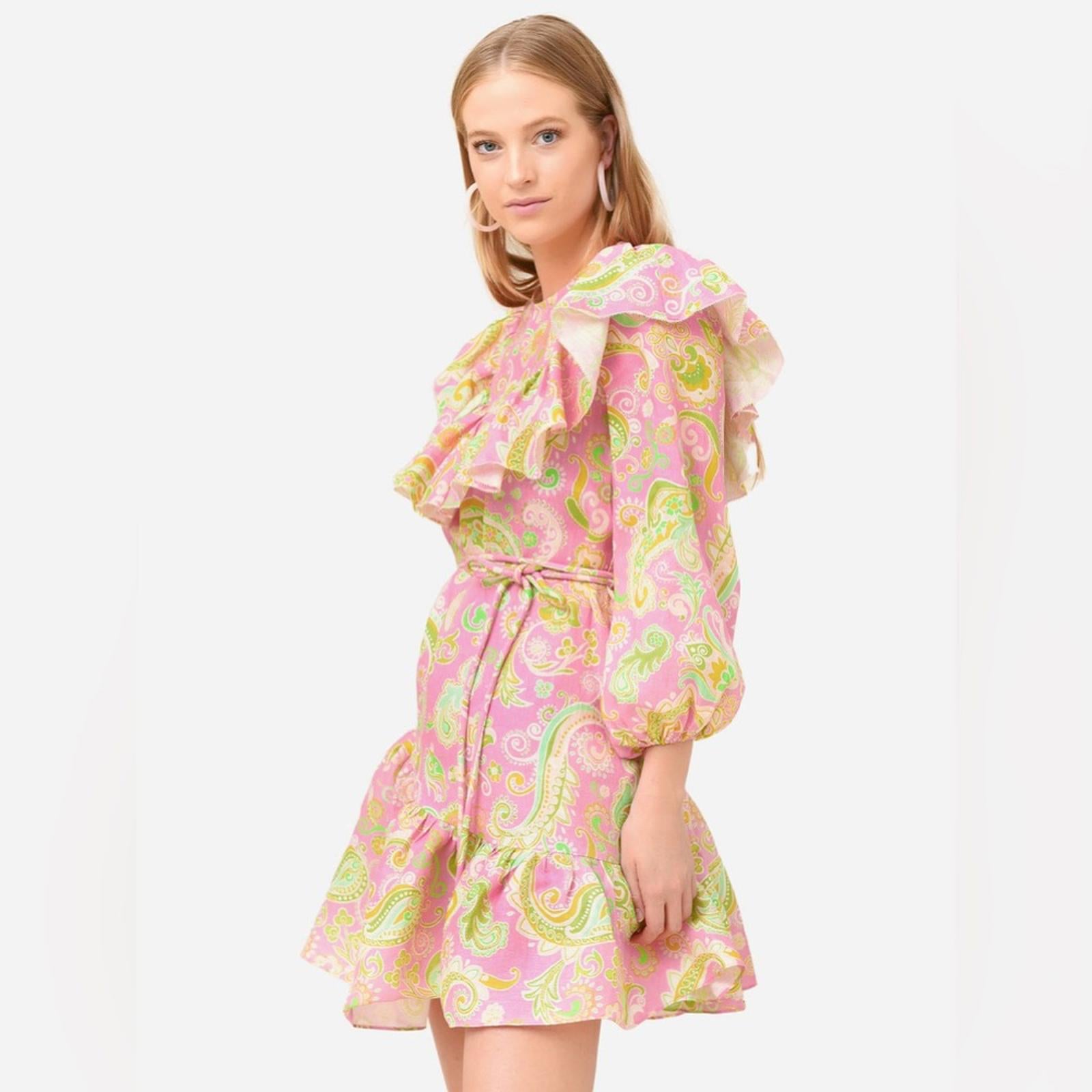ALÉMAIS Marta Linen Ruffle Mini Dress, Size AUS 4 New w/Tag