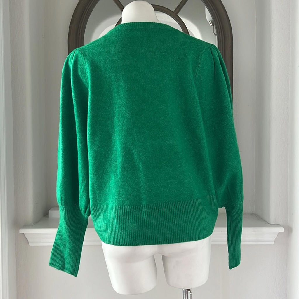 NEW CeCe Juliet Sleeve Puff Sleeve Crewneck Sweater, Green Size L New w/Tag