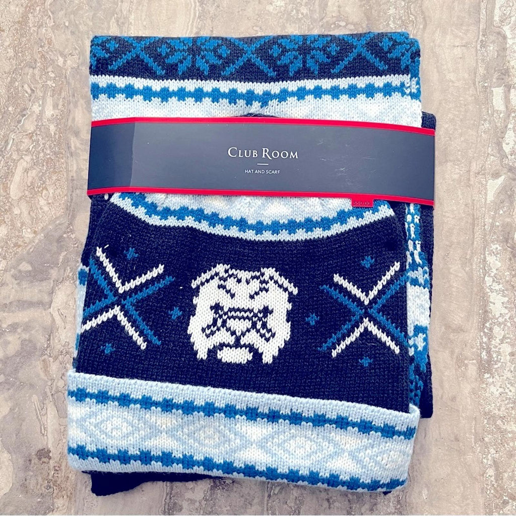 NEW Club Room Men's Bulldog Hat & Scarf Set Blue Navy, New w/Tag Retail $50