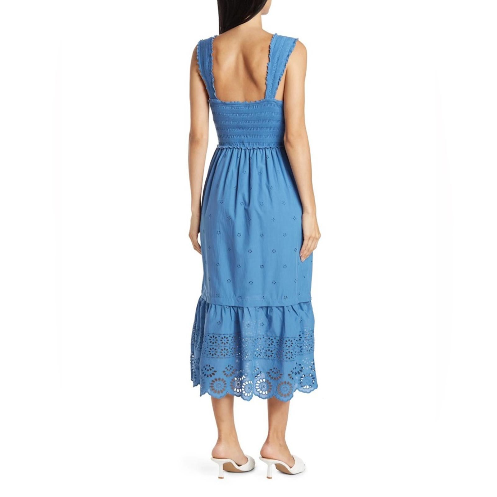 Betsey Johnson Smocked Embroidered Eyelet Midi Dress in Federal Blue, Size XL