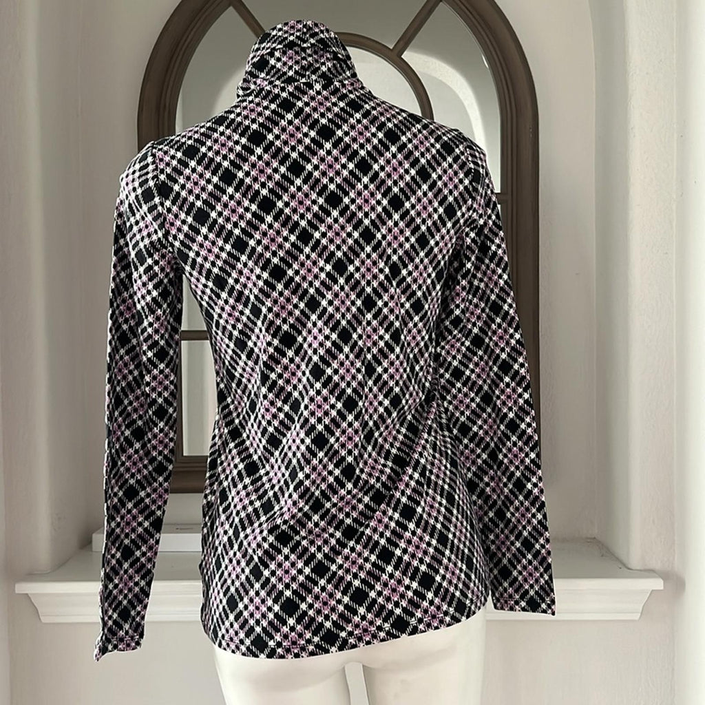NEW Talbots Cotton Turtleneck Bias Plaid Top Black/Purple Size S New w/o Tag