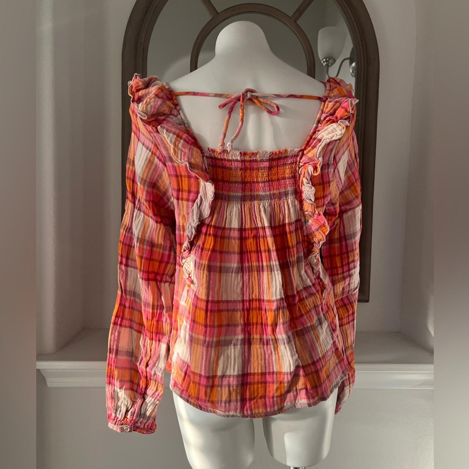 Free People Plaid Ruffle Top Long Sleeve Size L NWT $118.00