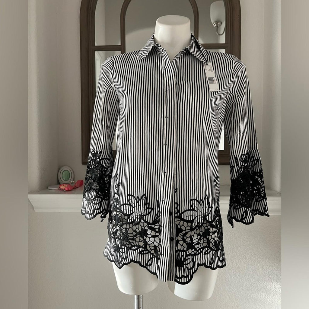Ellie Tahari Clark Shirt Striped Lace Trim in Black & White New w/Tag $298