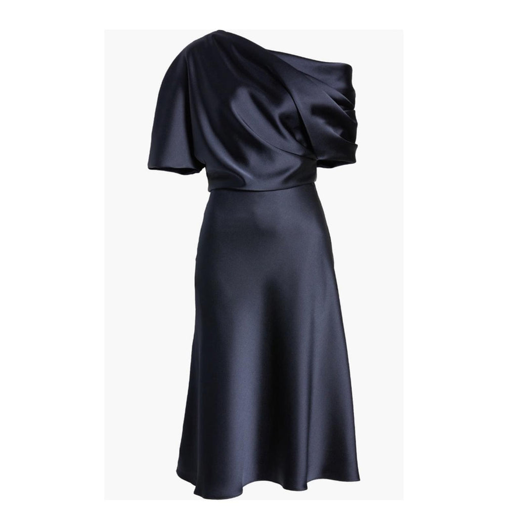 NEW Amsale NAVY One Shoulder Fluid Satin Cocktail Midi Dress, Size 4 Retail $385