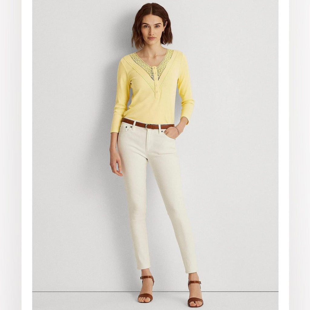 Ralph Lauren Lace-Trim Henley Top, Yellow Bloom Size XXL New w/Tag