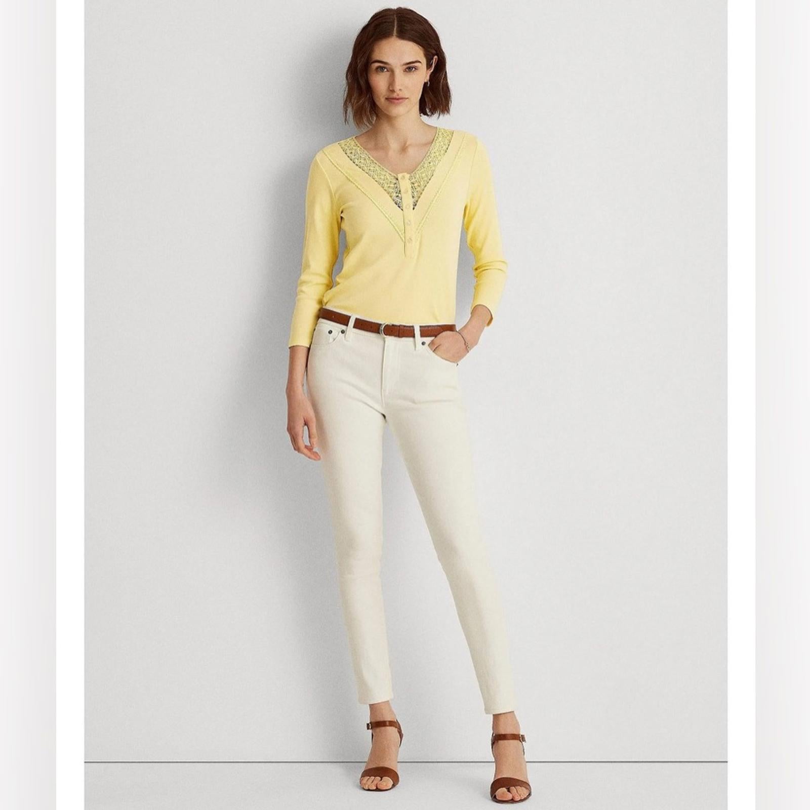 Ralph Lauren Lace-Trim Henley Top, Yellow Bloom Size XXL New w/Tag