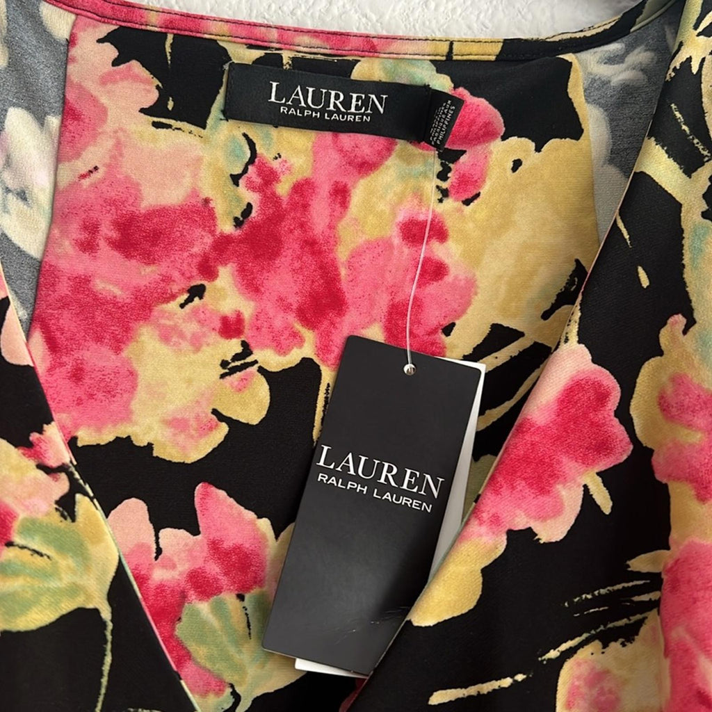 Ralph Lauren Floral Ruffle Trim Surplice Jersey Top in Black, NWT, Size L