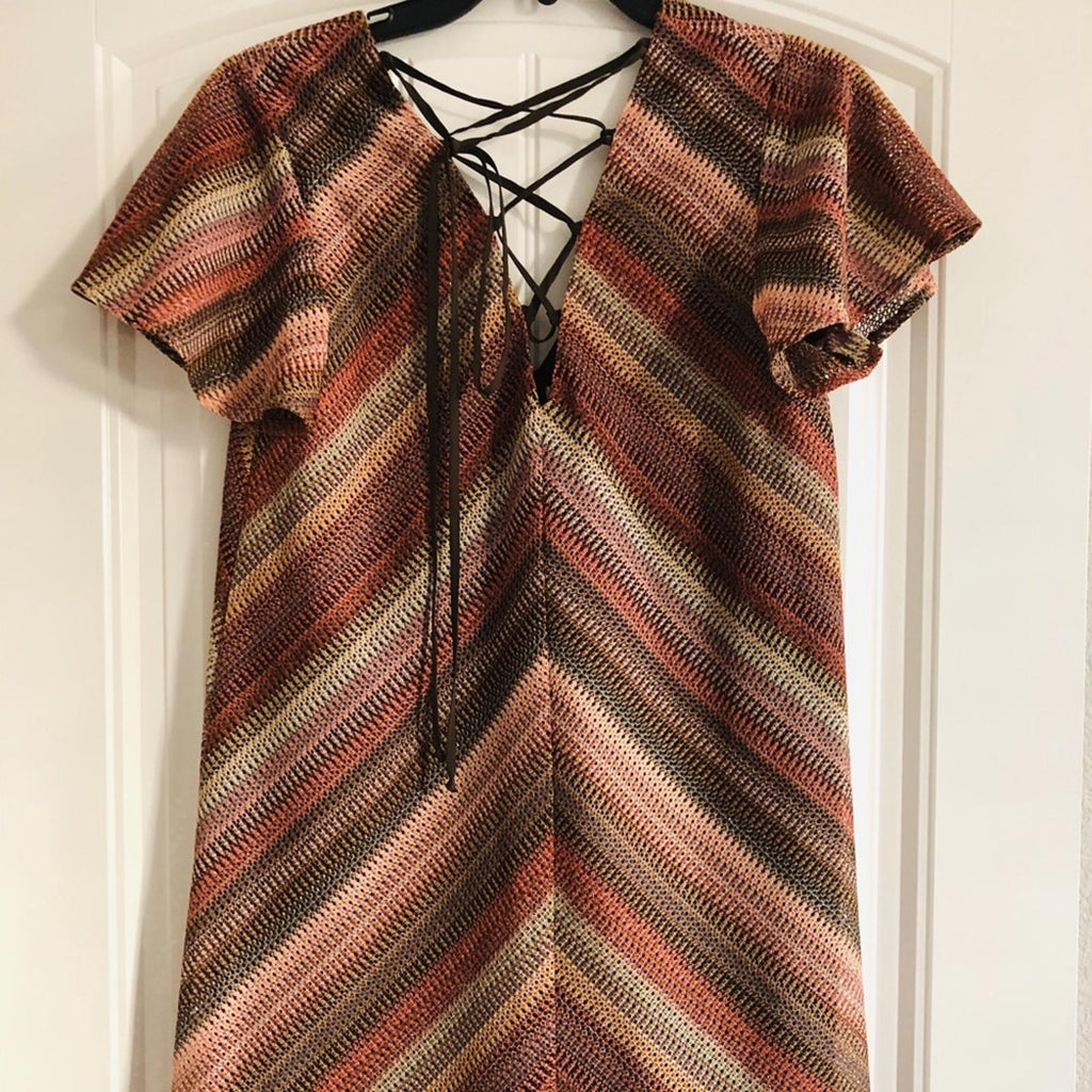 BCBG Lace-Up Back Mini Dress in Brown/Beige, Size S New w/Tag