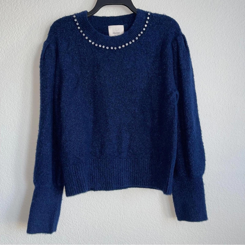 Cinq à Sept Dara Embellished Wool Sweater, Midnight Blue Size XL NEW w/Tag $325