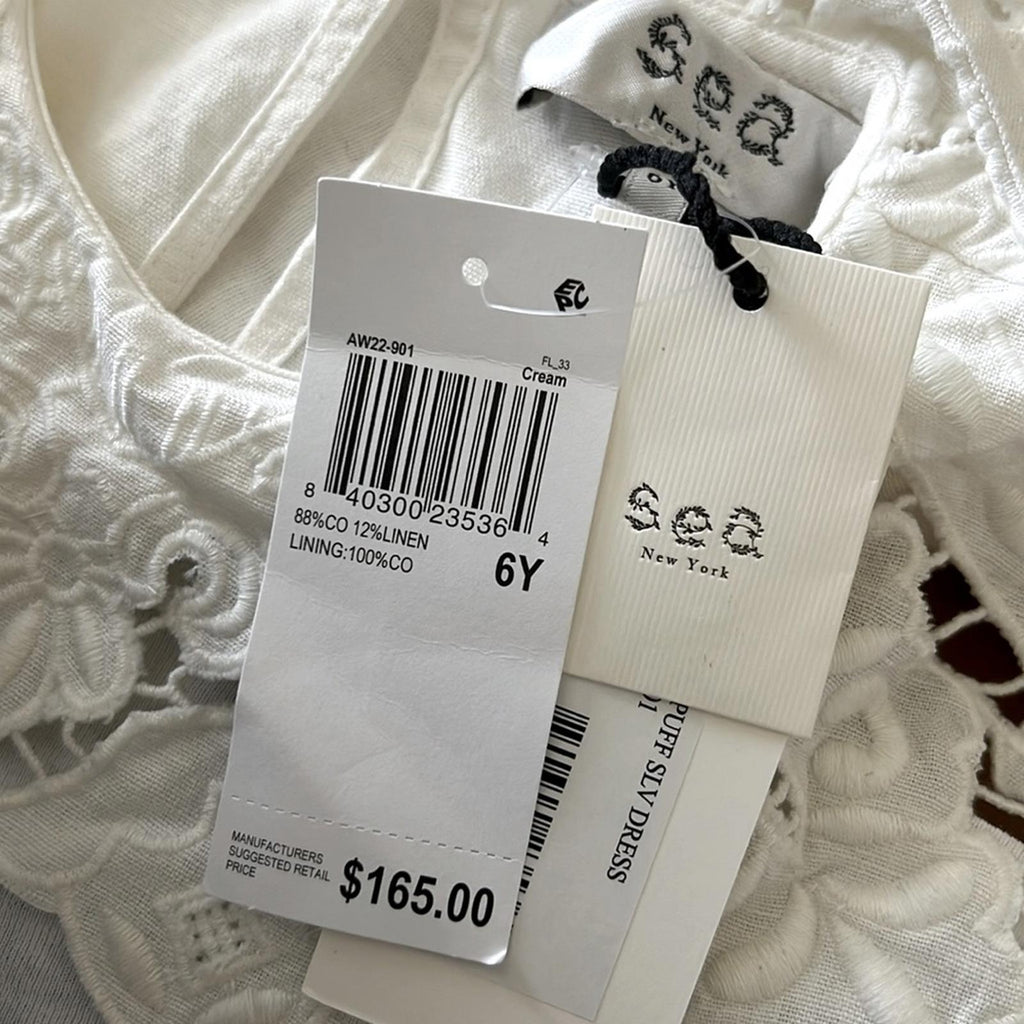 SEA Anita Puff Sleeve Dress Linen-blend in Cream, Size 6Y New w/Tag Retail $165