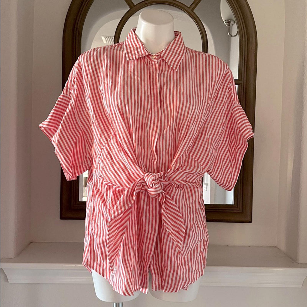 Lauren Ralph Lauren Striped Tie Front Linen Shirt in Red/White, Size 2X, NEW