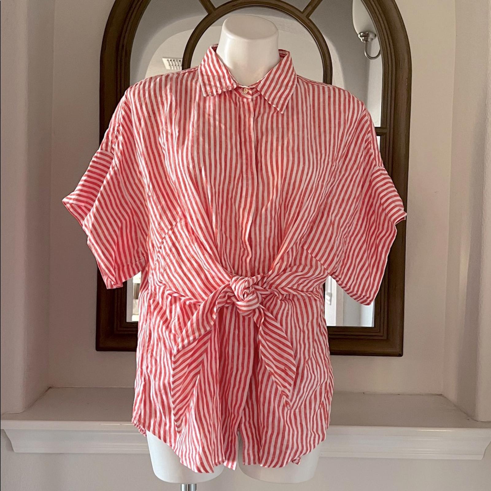Lauren Ralph Lauren Striped Tie Front Linen Shirt in Red/White, Size 2X, NEW
