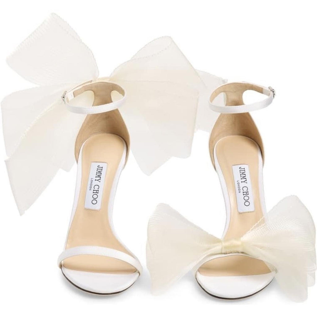 Jimmy Choo Aveline 100 Sandals w/Asymmetric Grosgrain Mesh Fascinator Bows NEW