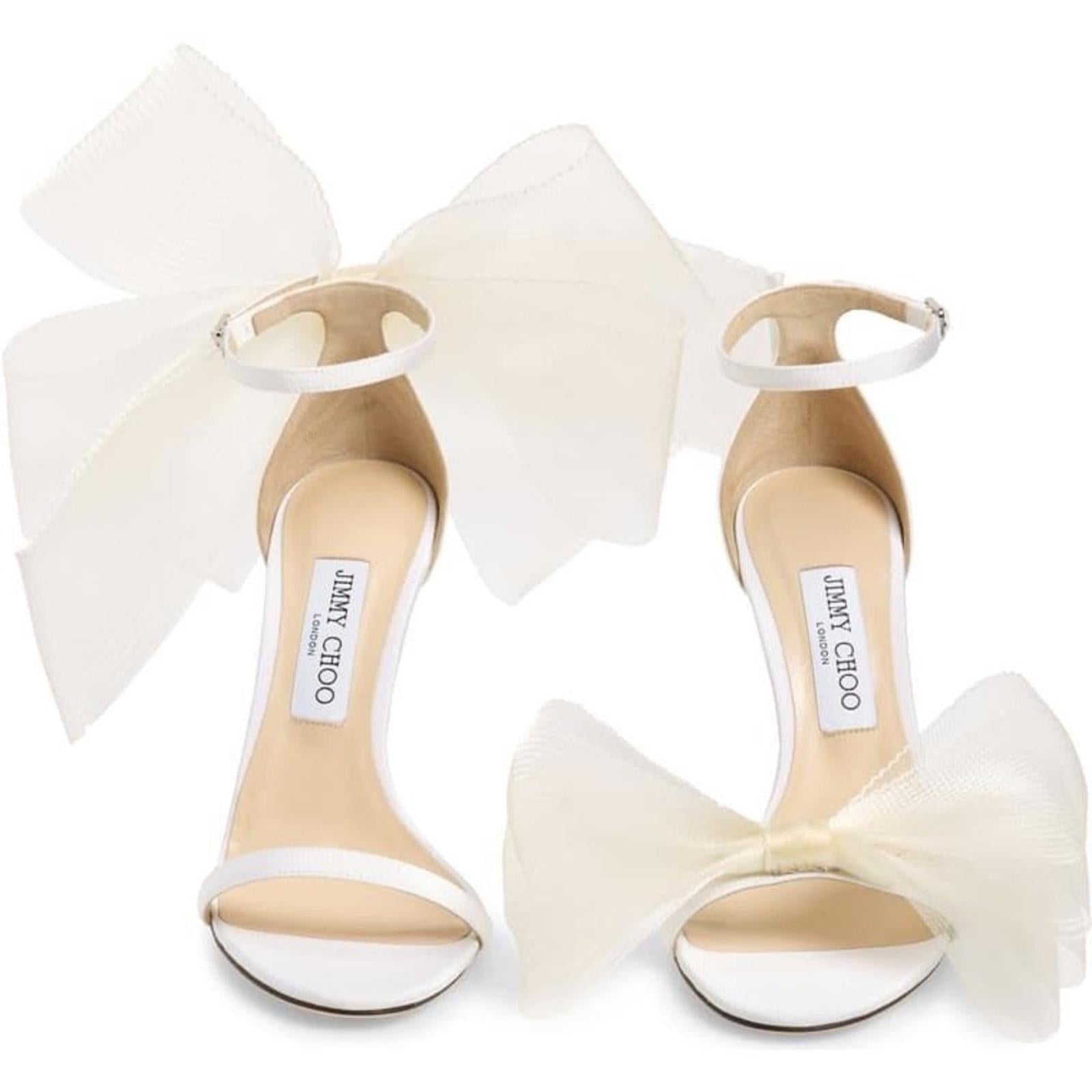 Jimmy Choo Aveline 100 Sandals w/Asymmetric Grosgrain Mesh Fascinator Bows NEW