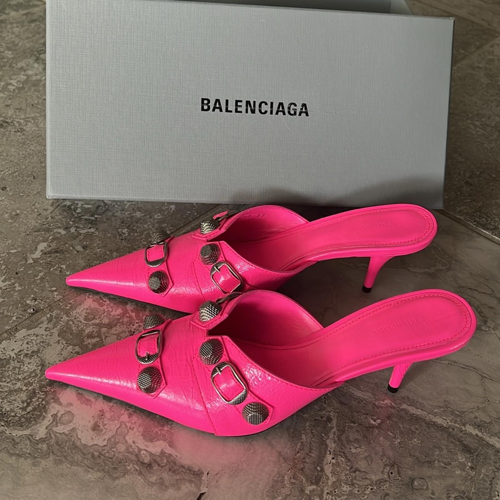Balenciaga Cagole Pointed Toe Mules Mule in Fluo Pink/Aged Nickel, Size 37 NEW