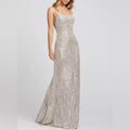 Mac Duggal IEENA Allover Sequin Strappy Open Back Gown in Nude Silver Size 4 NWT