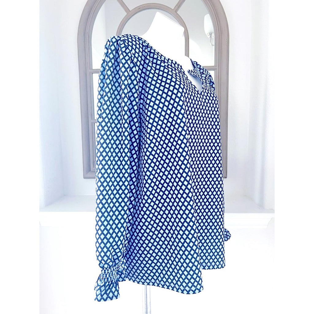 Talbots Smocked Cuff Blouse Trellis Print in Blue, Plus Size 3X NEW w/o Tag