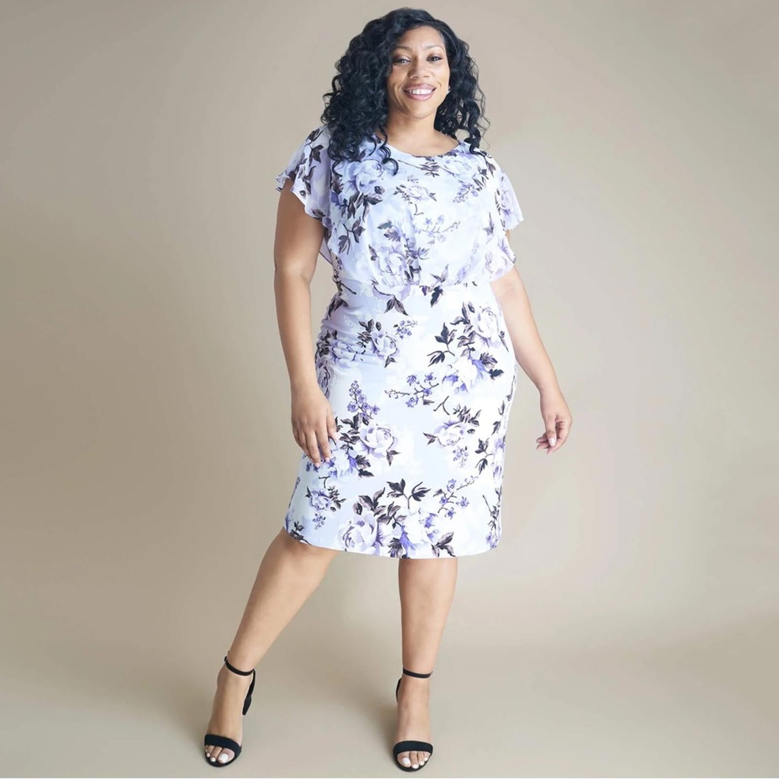 Connected Apparel Daphne Lavender Floral Chiffon Popover Dress, Petite Size 14