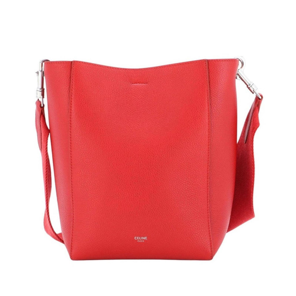 Celine Sangle Small Bucket Bag in Small Grain Calfskin in Red, Like NEW