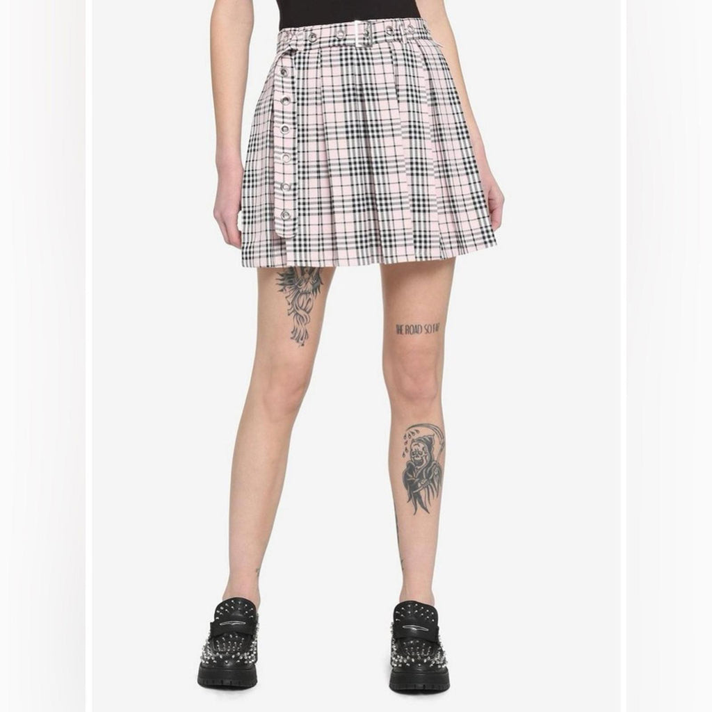 New Hot Topic Pink & White Plaid Grommet Belt Skirt, Size XL New w/Tag
