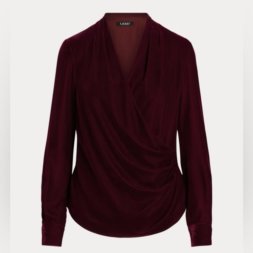 Lauren Ralph Lauren Pleated Velvet Surplice Blouse, Size 6 NEW $165