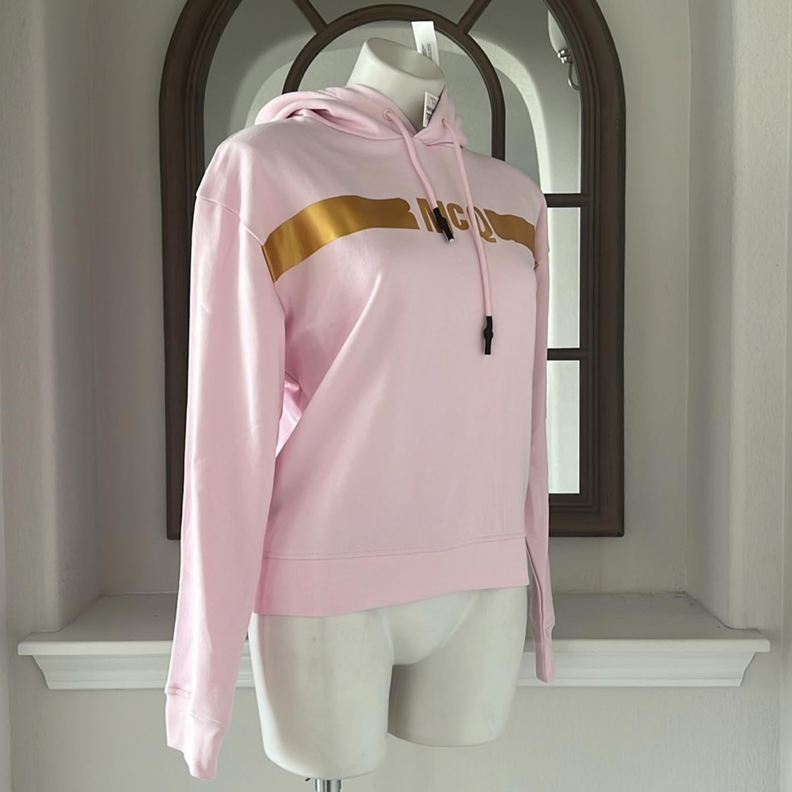 MCQ Alexander McQueen Logo Hologram Hoodie in Pink/Gold, Size S, New with Tag