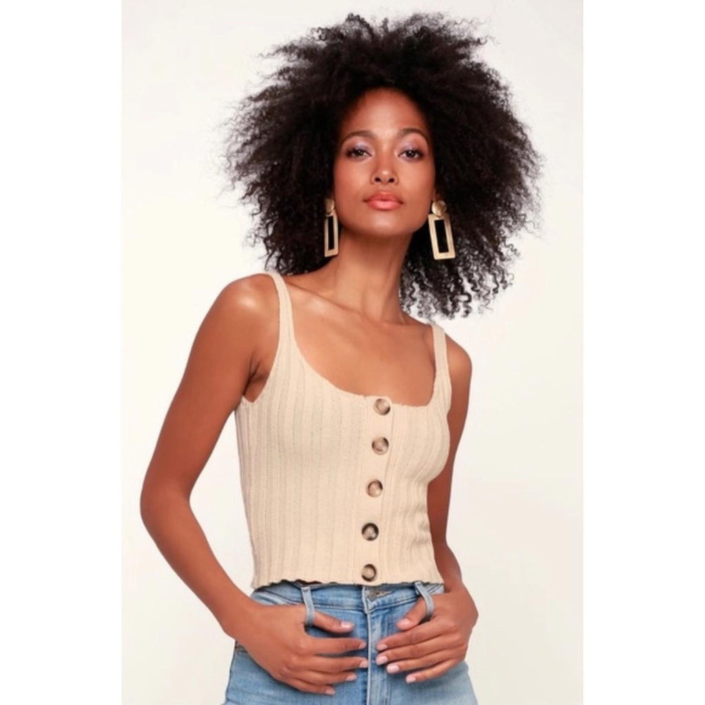 Line & Dot xRevolve Beige Ribbed Cropped Tank Top with Button Detail, Size S