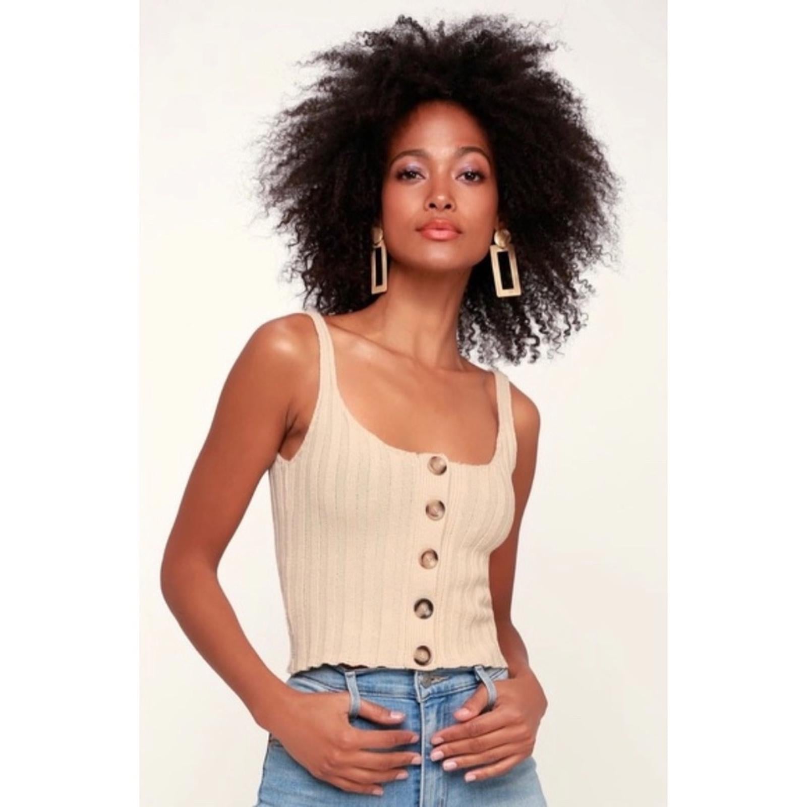 Line & Dot xRevolve Beige Ribbed Cropped Tank Top with Button Detail, Size S