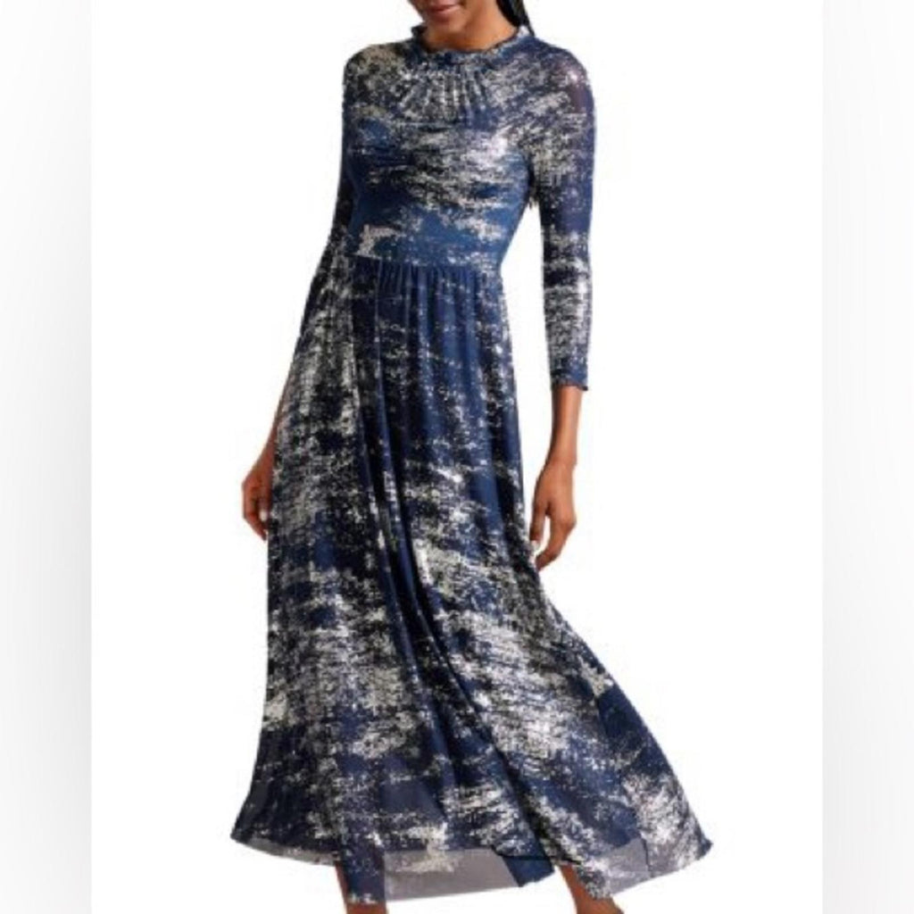 TED BAKER Iggiey Metallic Burnout Midi Dress, 3/4 Sleeves Navy Size 4 US 10 NWT