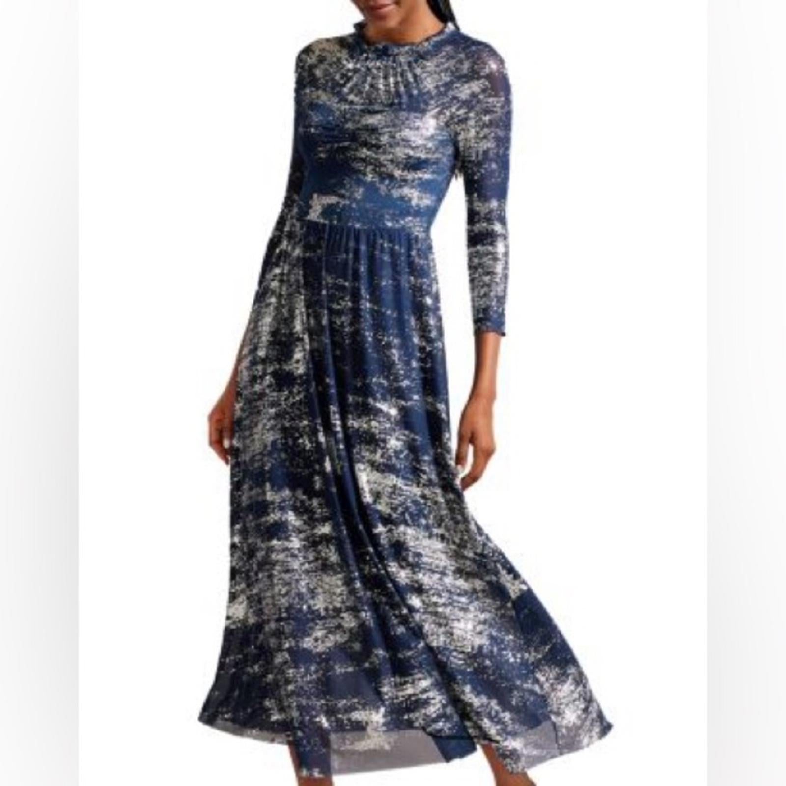 TED BAKER Iggiey Metallic Burnout Midi Dress, 3/4 Sleeves Navy Size 4 US 10 NWT