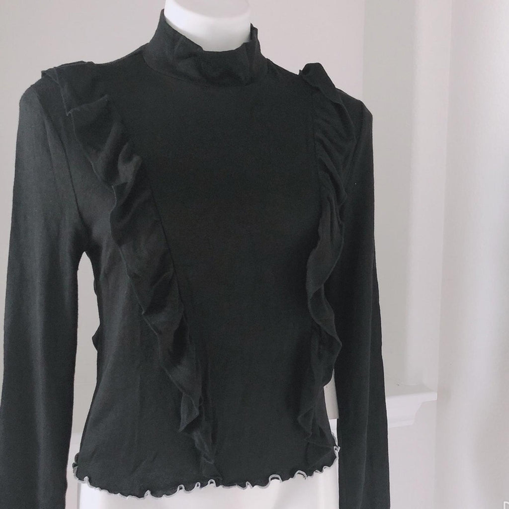 June & Hudson Mock Neck Sweater w/Ruffles Black w/ White Trim Size XL New w/Tag