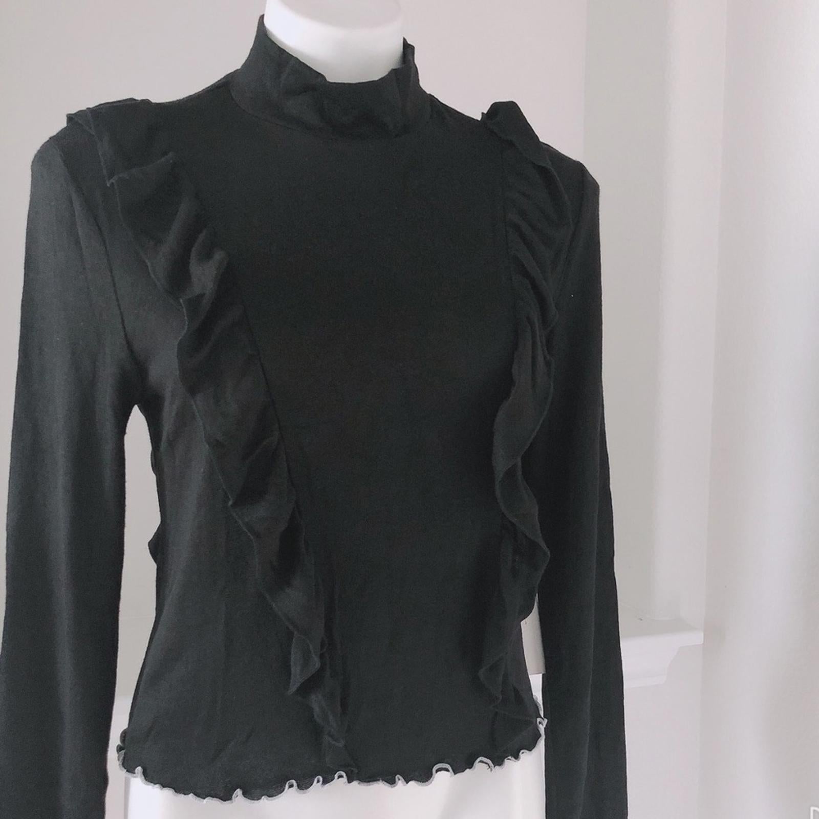 June & Hudson Mock Neck Sweater w/Ruffles Black w/ White Trim Size XL New w/Tag