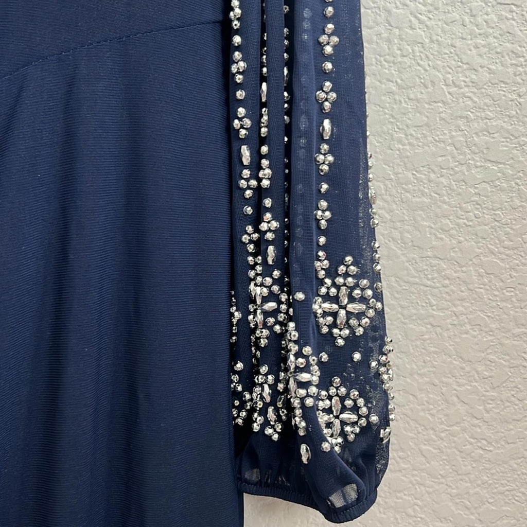 Marina Sheer Beaded Long Sleeve Maxi Dress in Navy, Size 16, New w/Tag