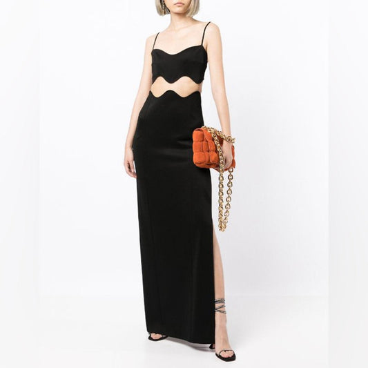 NEW Galvan Siren Wavy Mesh CutOut Maxi Dress, Size US8 | FR40 Black NWT $1,995