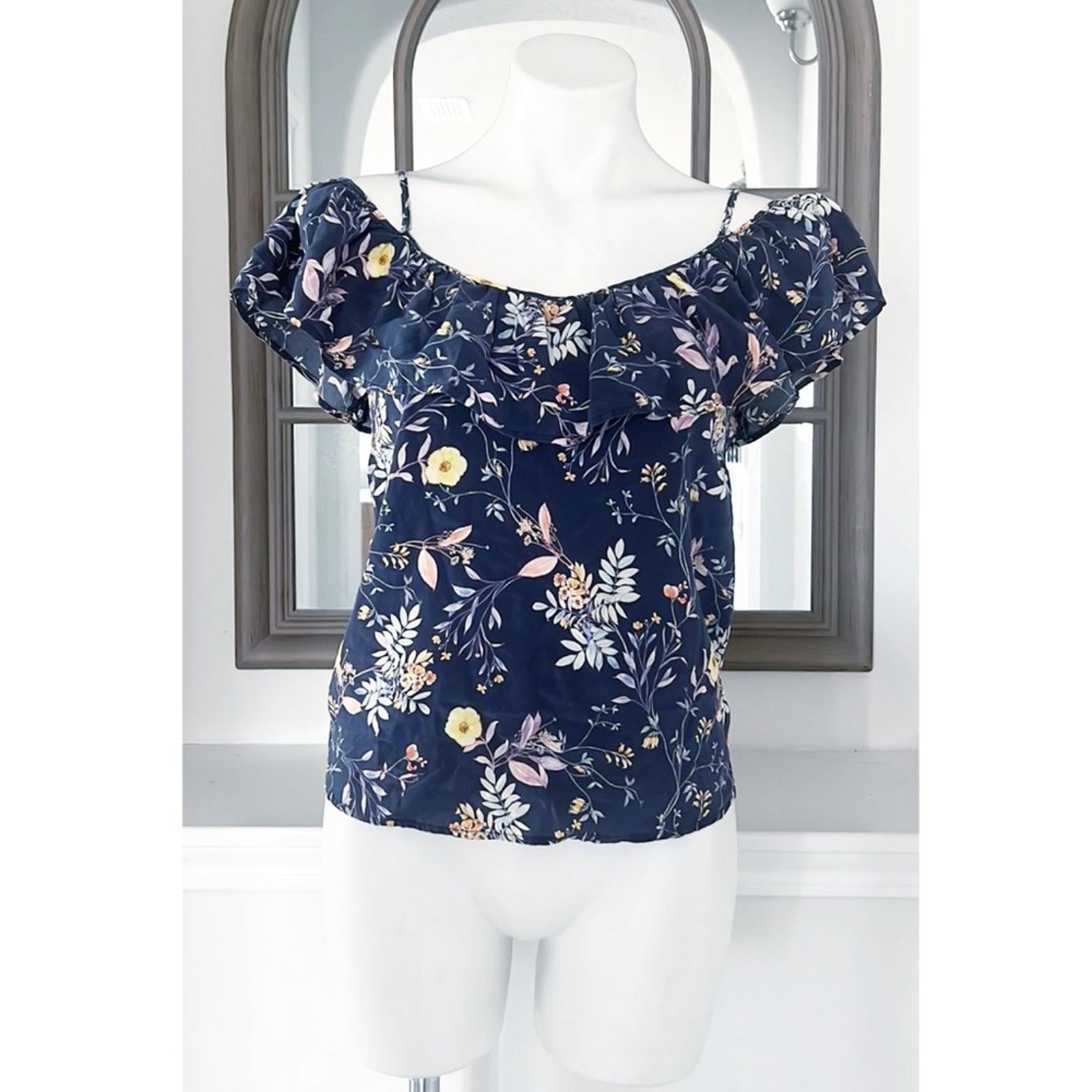 AMOUR VERT 100% Silk Floral Cold Shoulder Blouse, Blue Multi Size XS