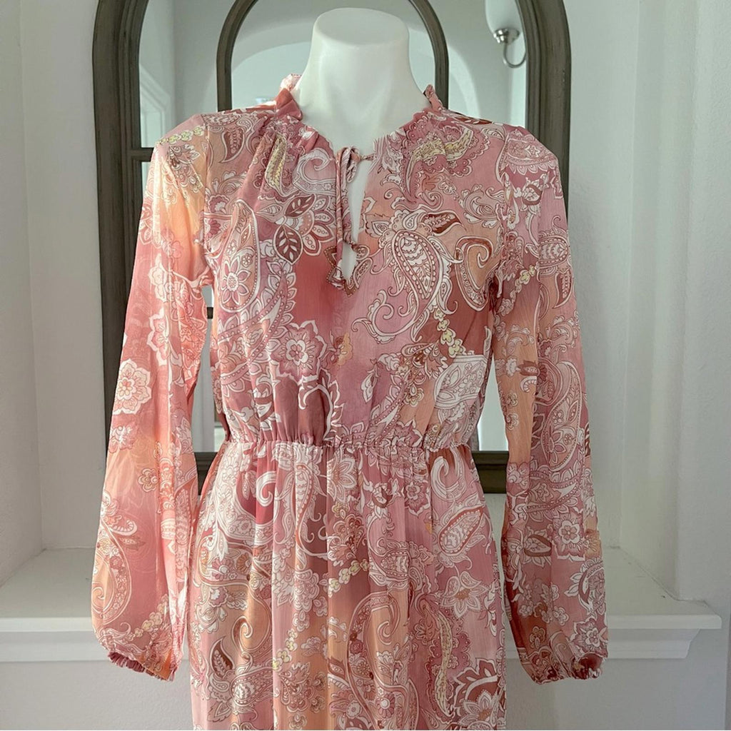 Aqua Chiffon Printed Tiered Maxi Dress, Pink Multi Size S New w/Tag Retail $118