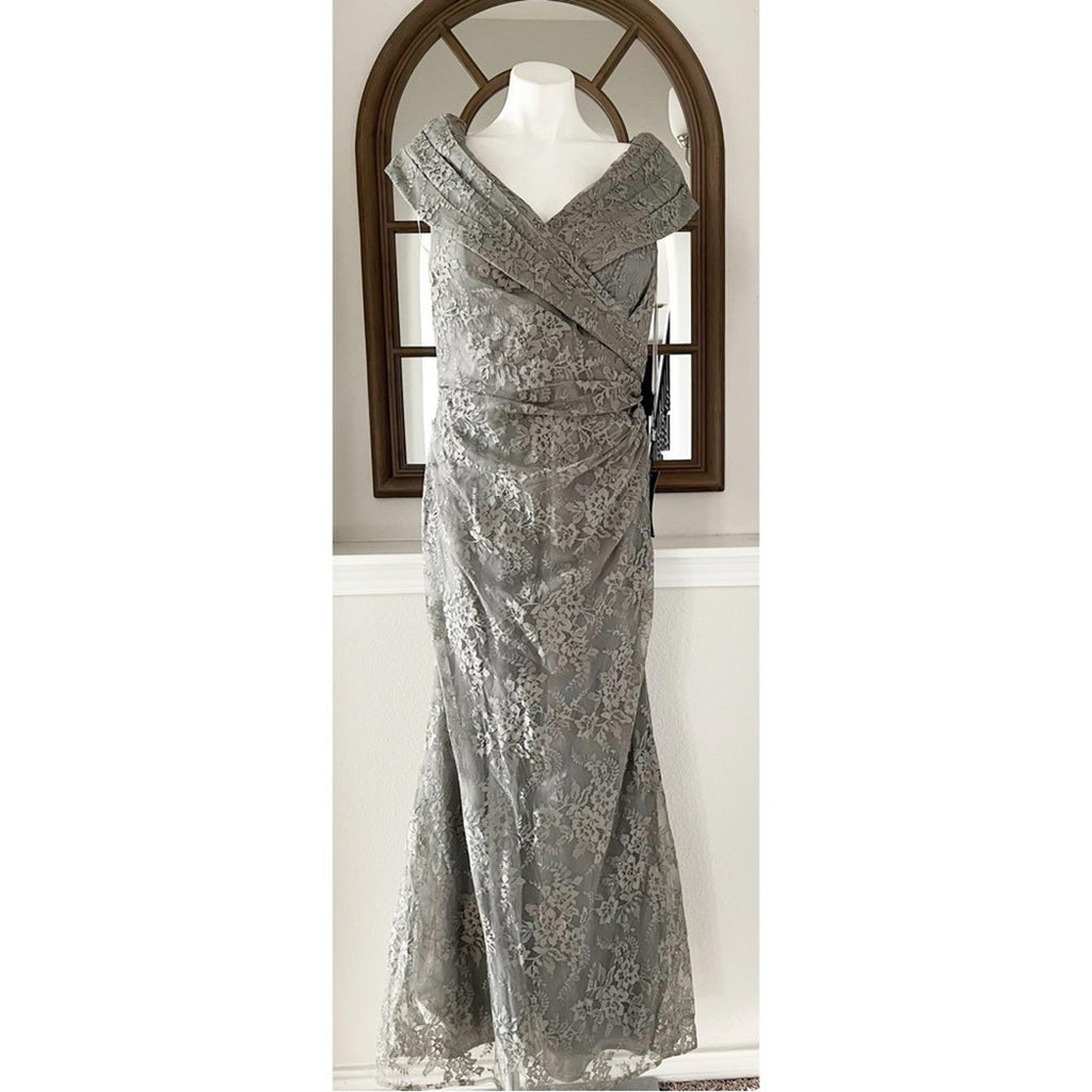 La Femme Lace Off the Shoulder Cap Sleeve Evening Dress in Platinum Size 16 NWT