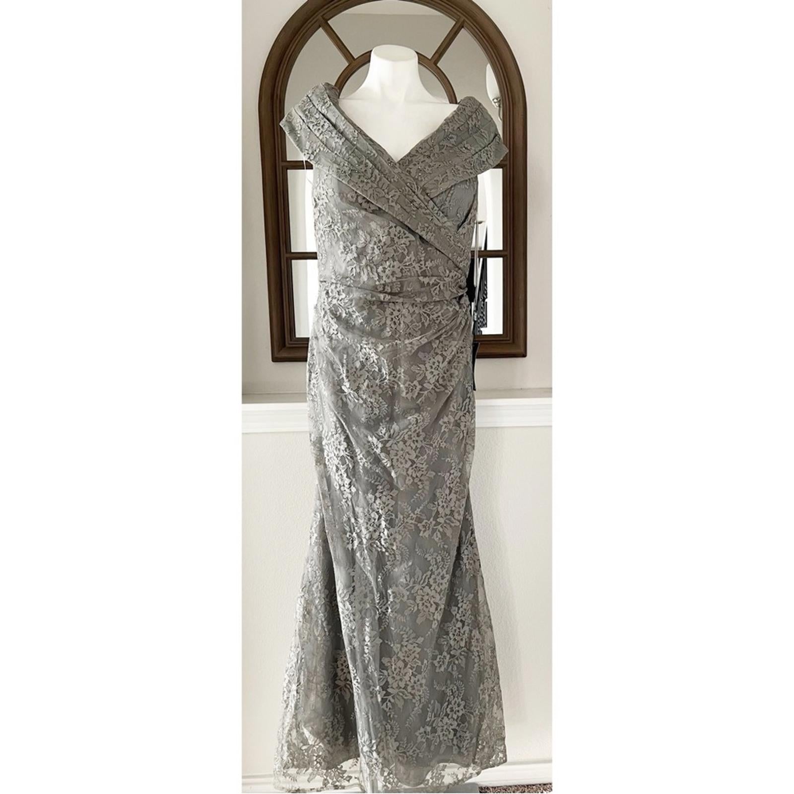 La Femme Lace Off the Shoulder Cap Sleeve Evening Dress in Platinum Size 16 NWT